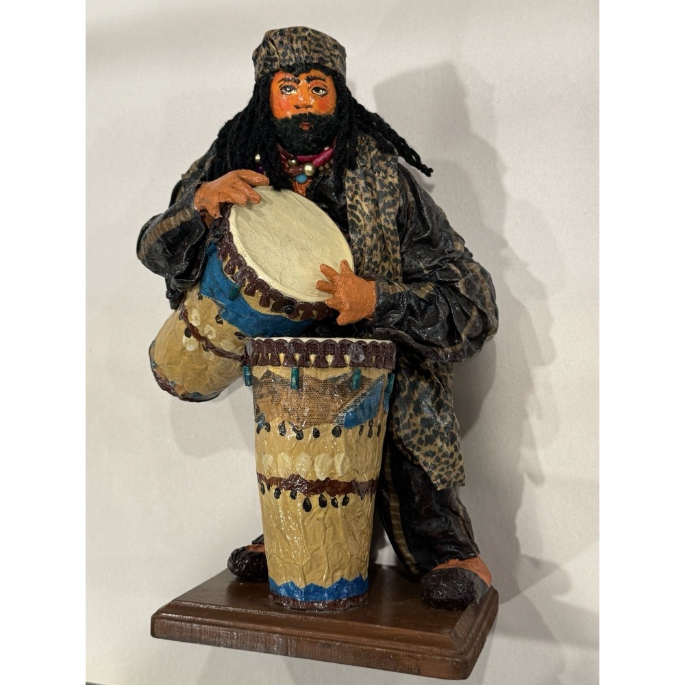 Papier Mache Jamaican African Folk Art Hand Made Hand Painted Drum Bongos Figure - Picture 2 of 9